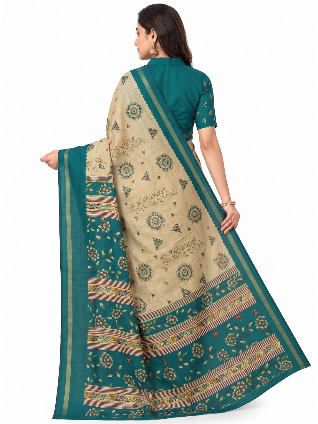 Peachmode Teal Cotton Blend Floral Printed Saree - Image 5