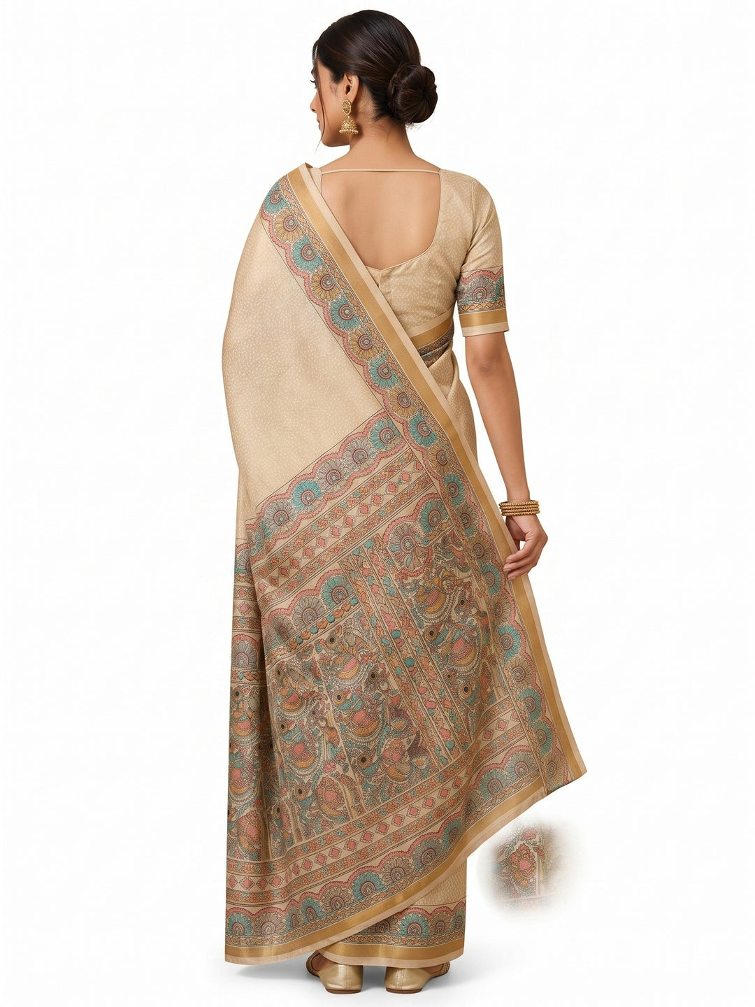 Peachmode Beige & Turquoise Art Silk Digital Printed Saree - Image 5