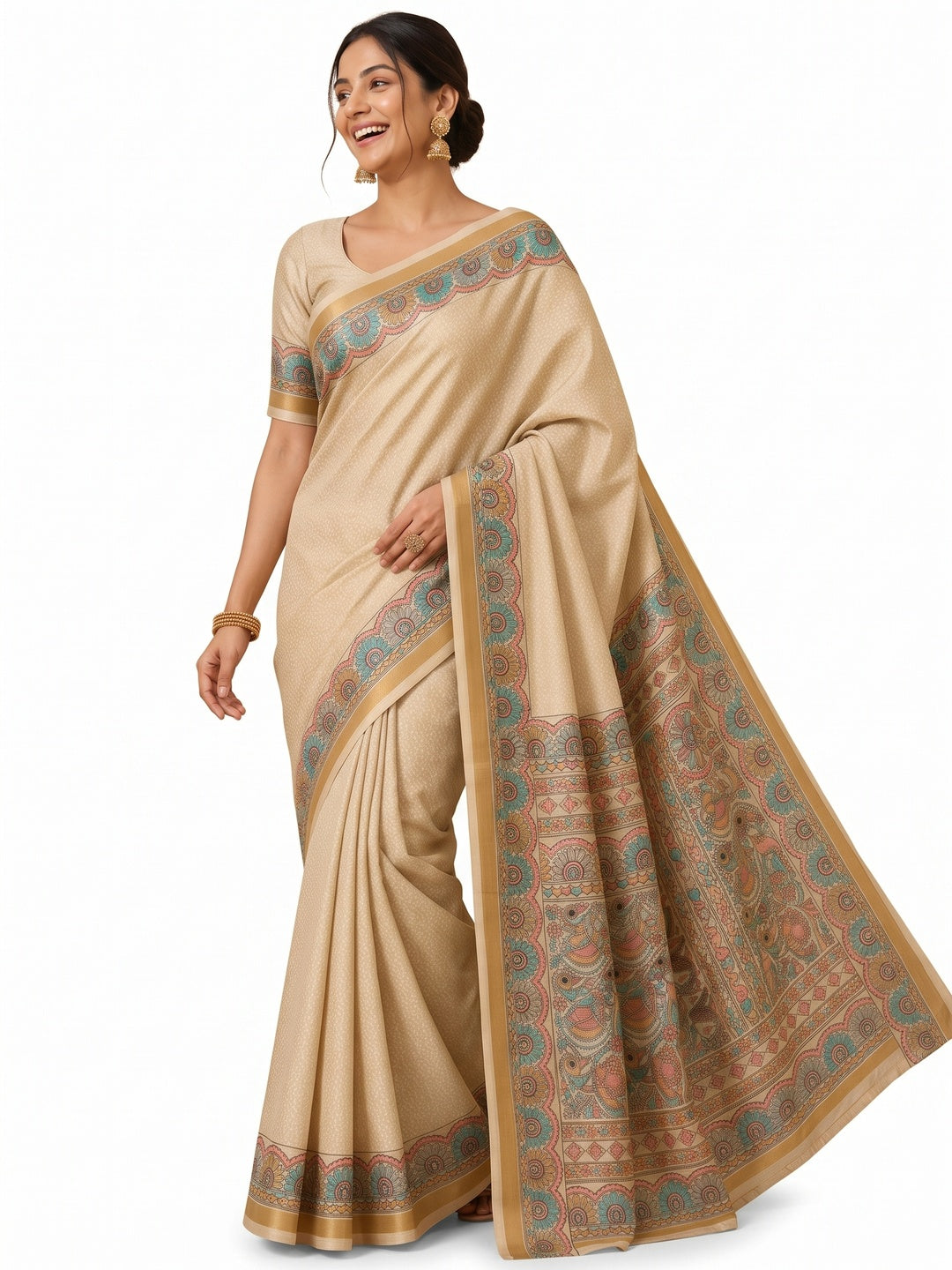 Peachmode Beige & Turquoise Art Silk Digital Printed Saree - Image 7