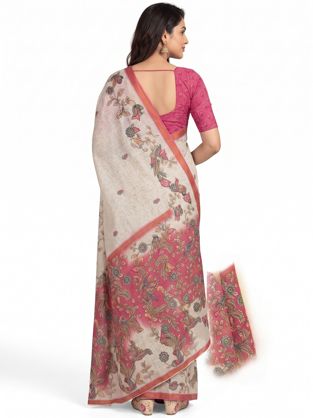Peachmode Pink Linen Cotton Digital Printed Saree - Image 5