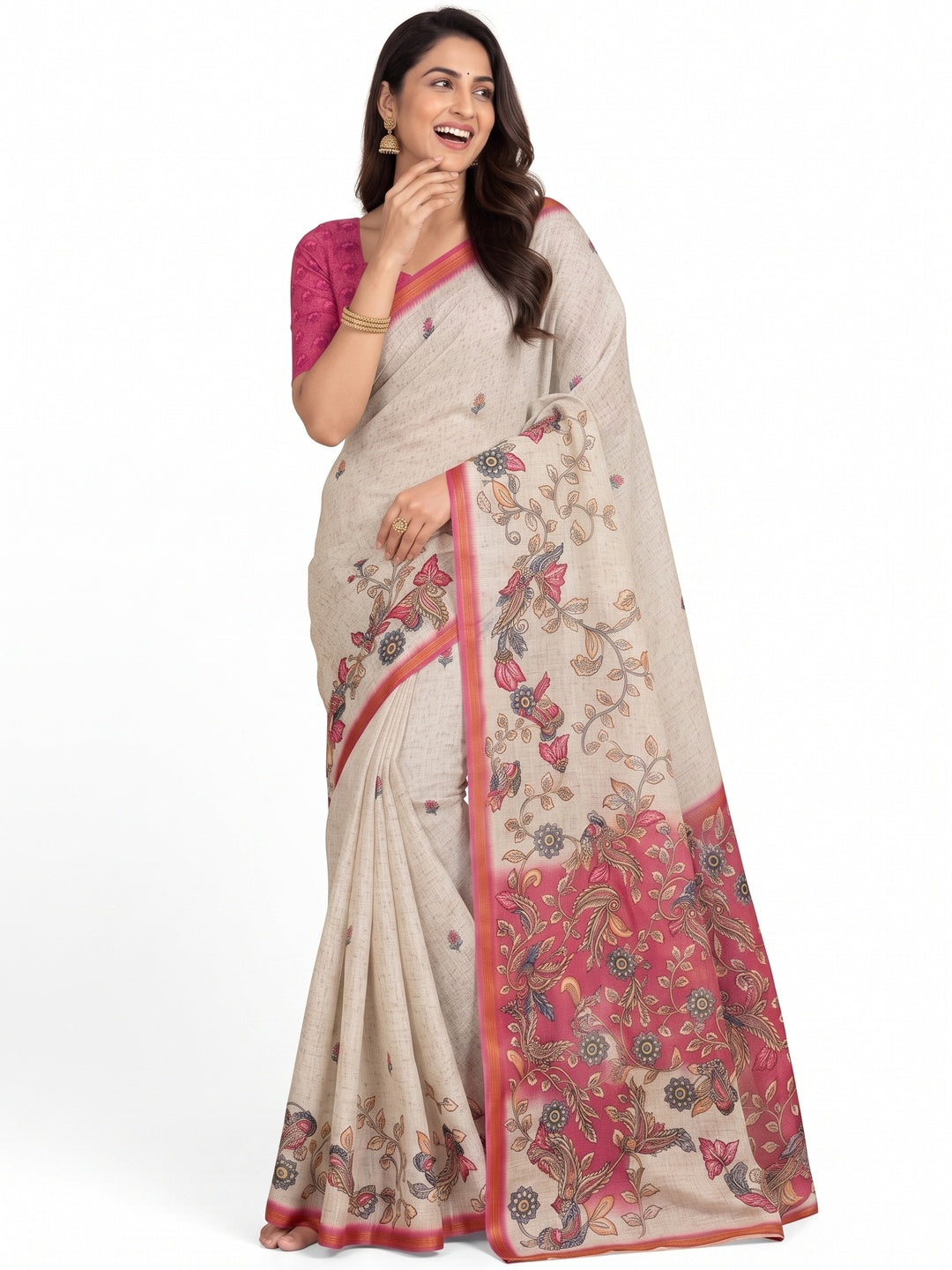 Peachmode Pink Linen Cotton Digital Printed Saree - Image 7