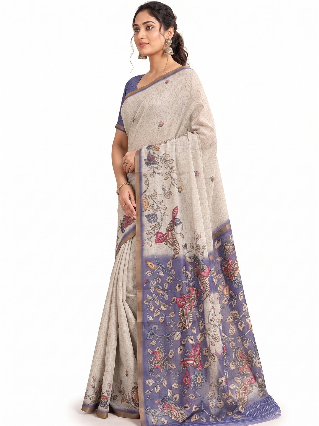 Peachmode Blue Linen Cotton Digital Printed Saree - Image 6