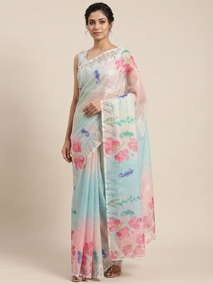 Multicolor Bloom Floral Digital Printed Georgette Saree Accentuated With Graceful Zari Stripes - Image 1