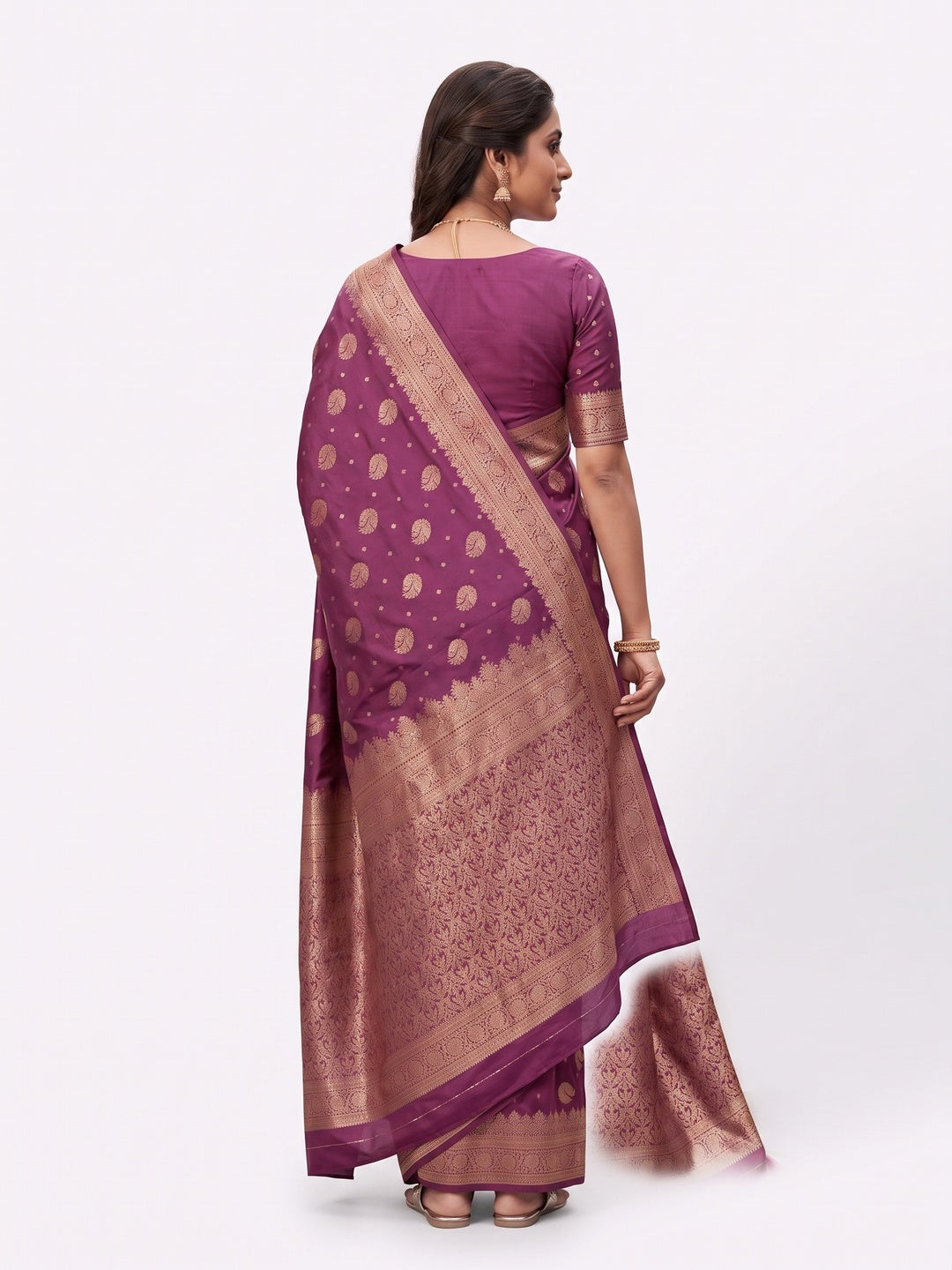 Peachmode Wine Banarasi Silk Zari Weaving Saree - Image 5