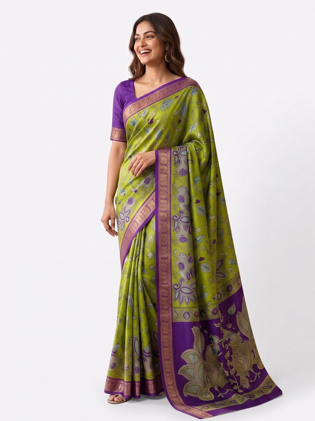 Peachmode Green Dola Silk Kalamkari Printed Saree - Image 7
