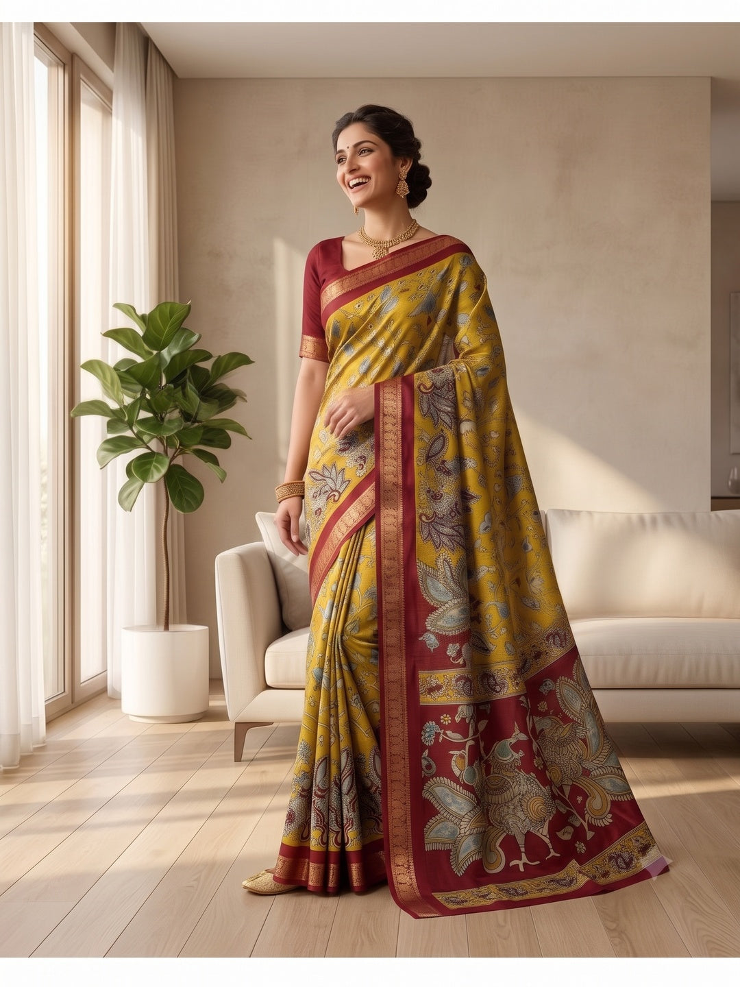 Peachmode Yellow Dola Silk Kalamkari Printed Saree - Image 7