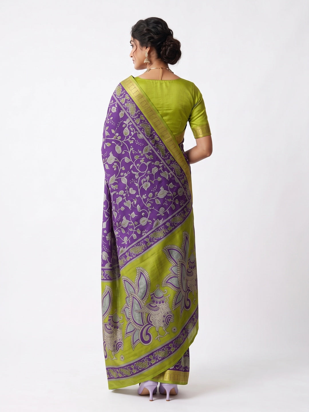 Peachmode Purple Dola Silk Kalamkari Printed Saree - Image 5