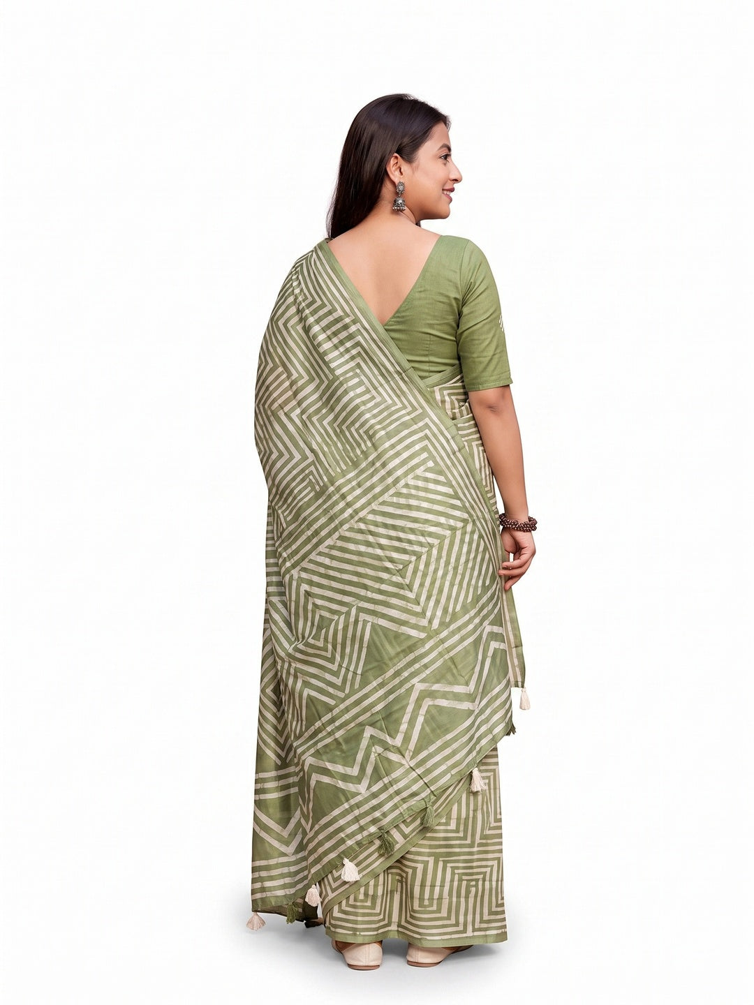 Peachmode Mehendi Linen Cotton Floral Printed Saree - Image 4