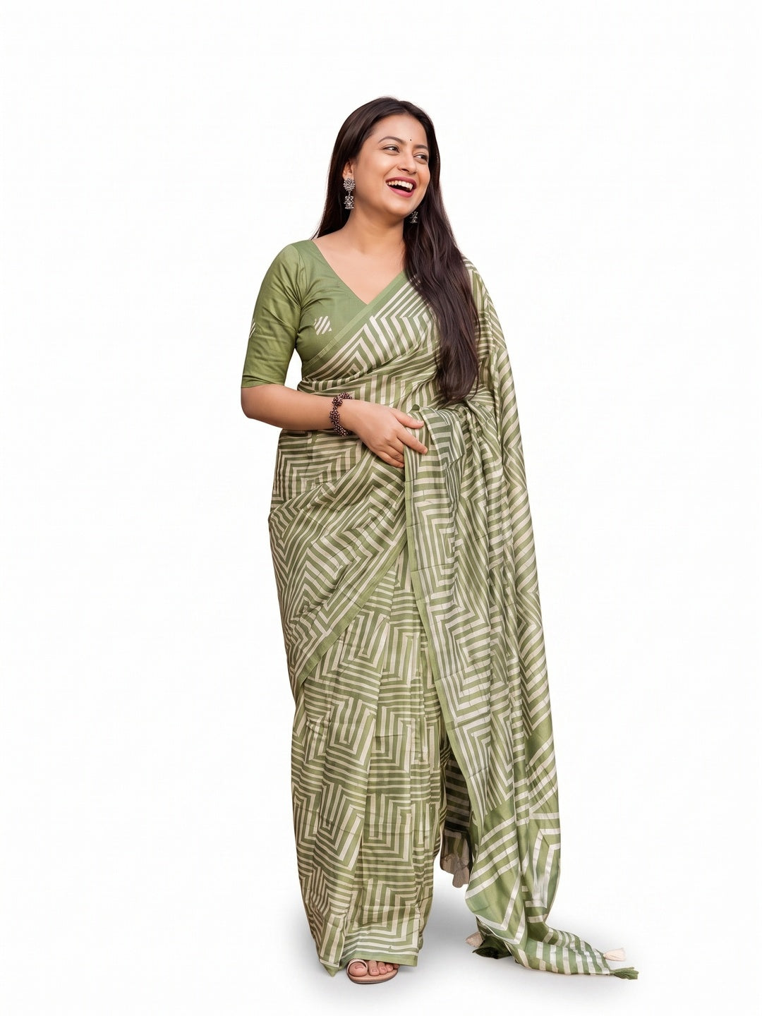 Peachmode Mehendi Linen Cotton Floral Printed Saree - Image 6