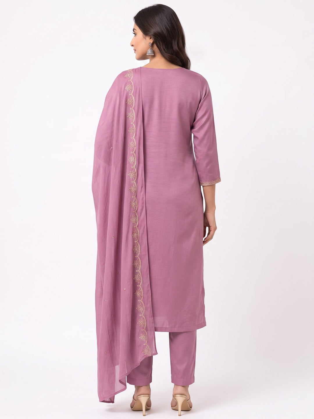 Peachmode Pink Satin Dress Material with Floral Embroidery - Image 4