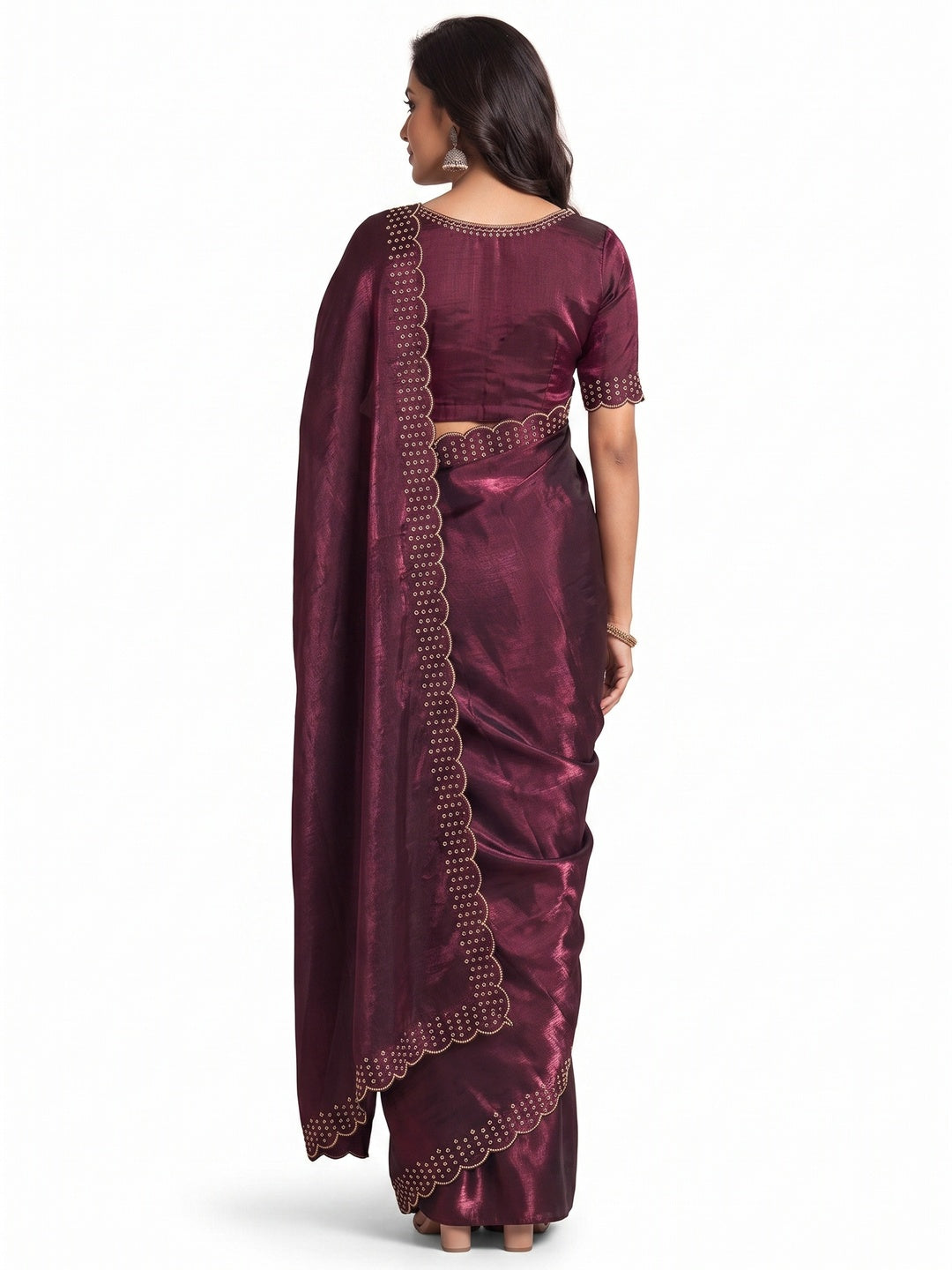 Peachmode Wine Fandy Satin Saree with Scalloped Cutwork Border - Image 5