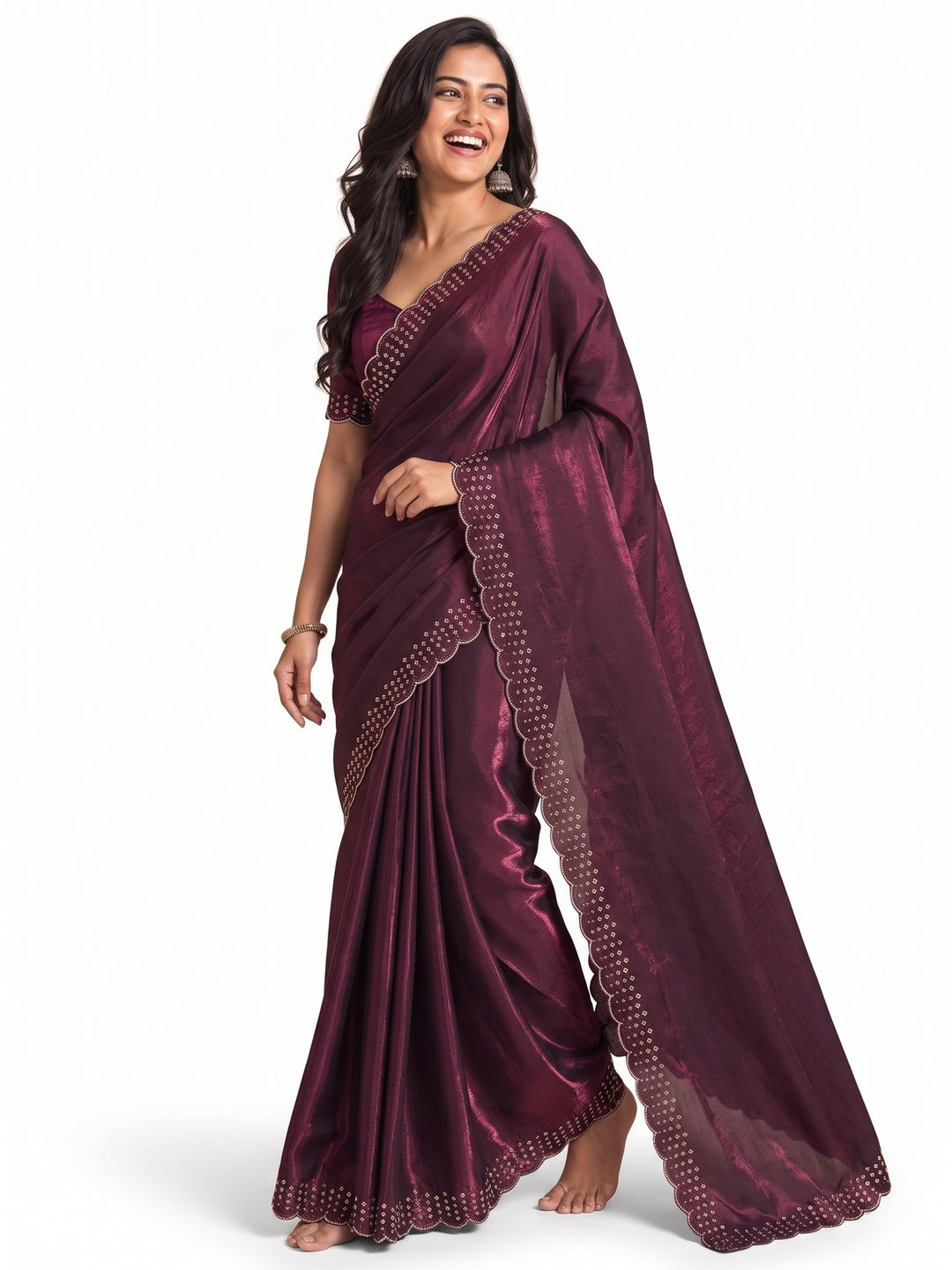 Peachmode Wine Fandy Satin Saree with Scalloped Cutwork Border - Image 7