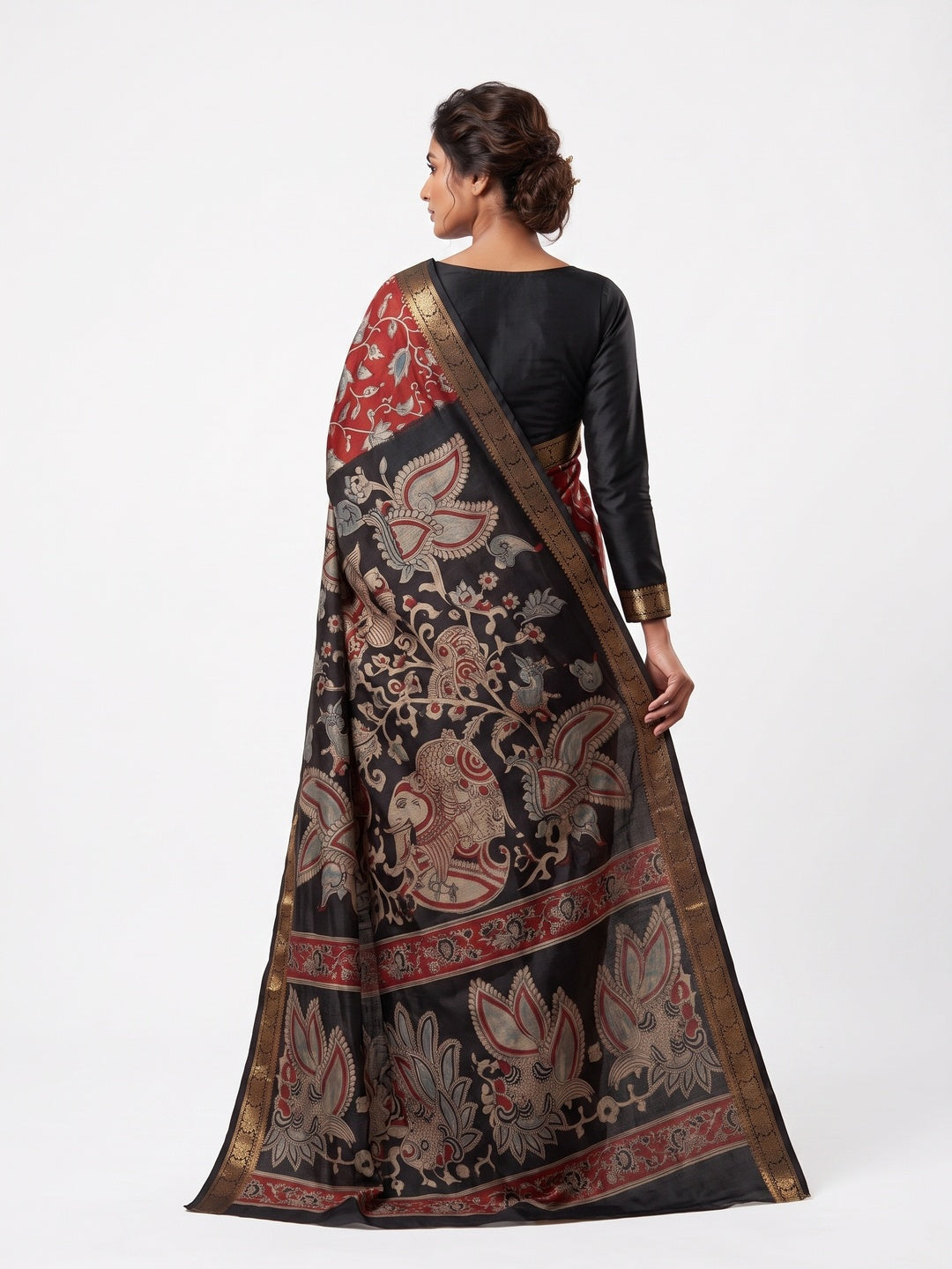 Peachmode Red Dola Silk Kalamkari Printed Saree - Image 5