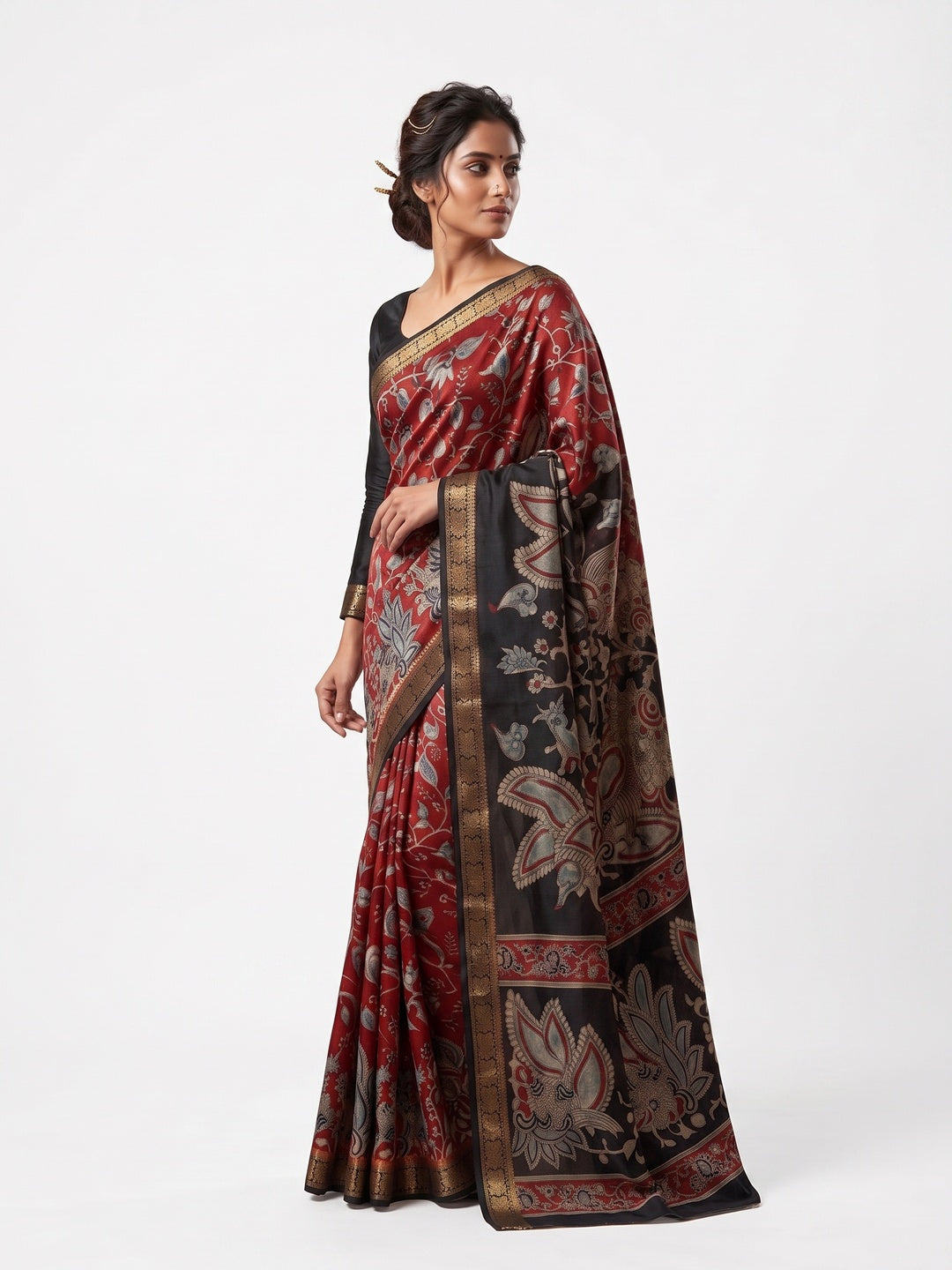 Peachmode Red Dola Silk Kalamkari Printed Saree - Image 6