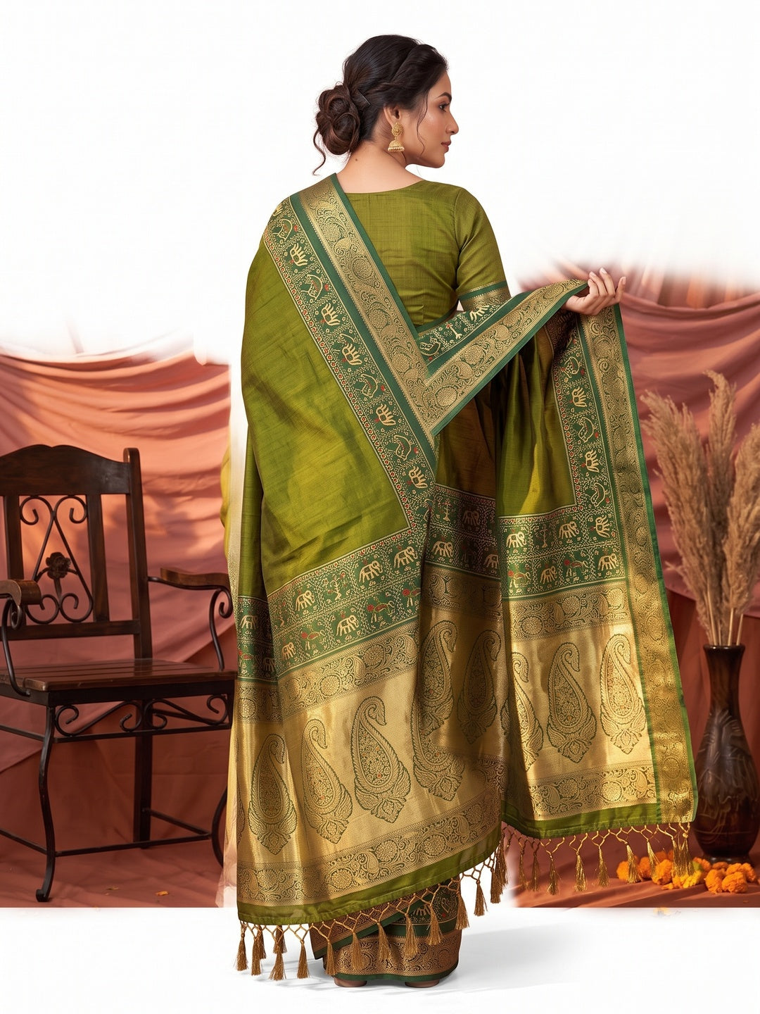 Peachmode Olive Green Patola Border Art Silk Saree - Image 5