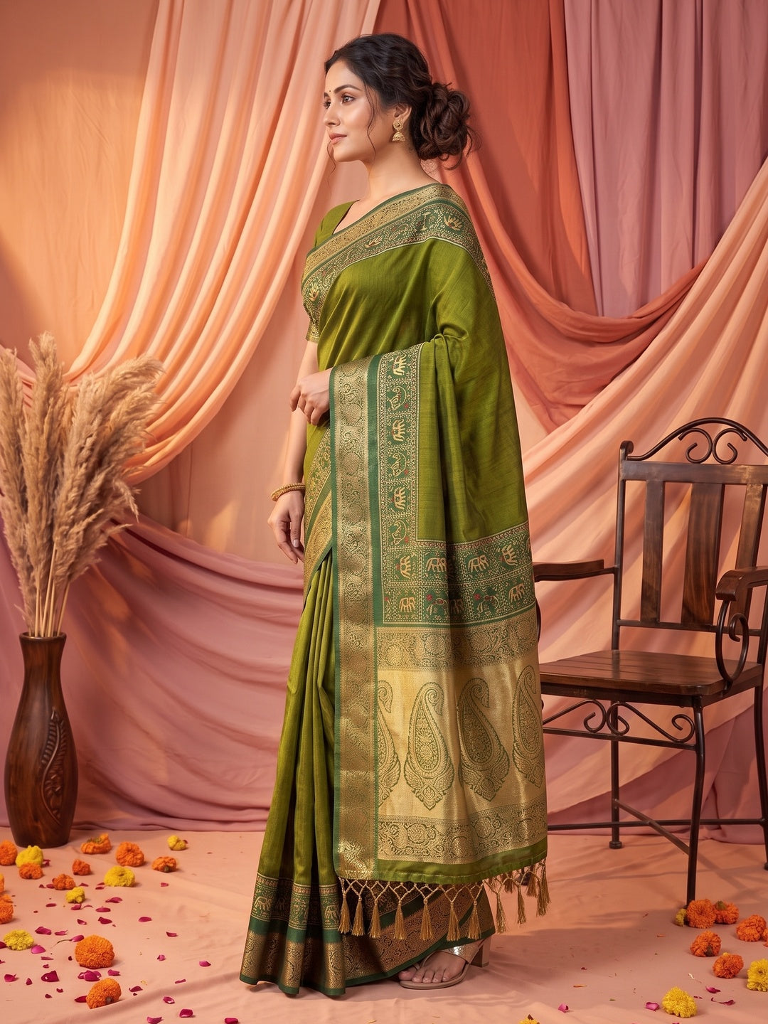 Peachmode Olive Green Patola Border Art Silk Saree - Image 6