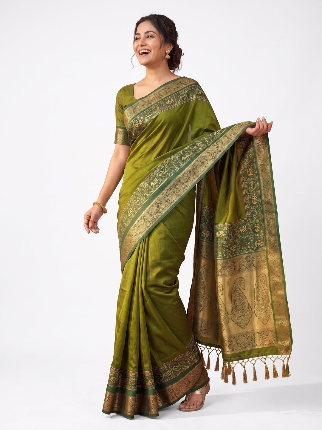 Peachmode Olive Green Patola Border Art Silk Saree - Image 7
