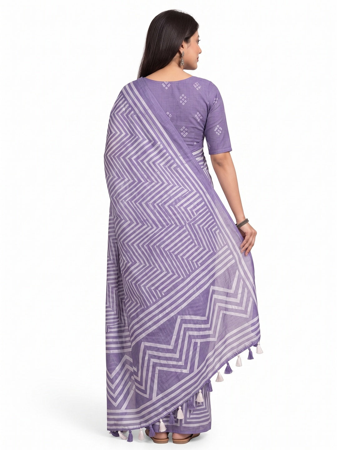 Peachmode Lavender Linen Cotton Floral Printed Saree - Image 4