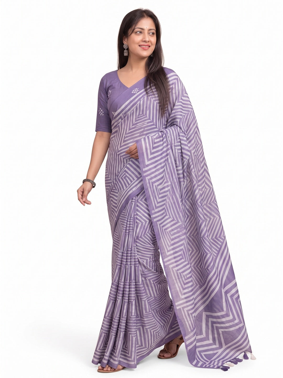Peachmode Lavender Linen Cotton Floral Printed Saree - Image 6