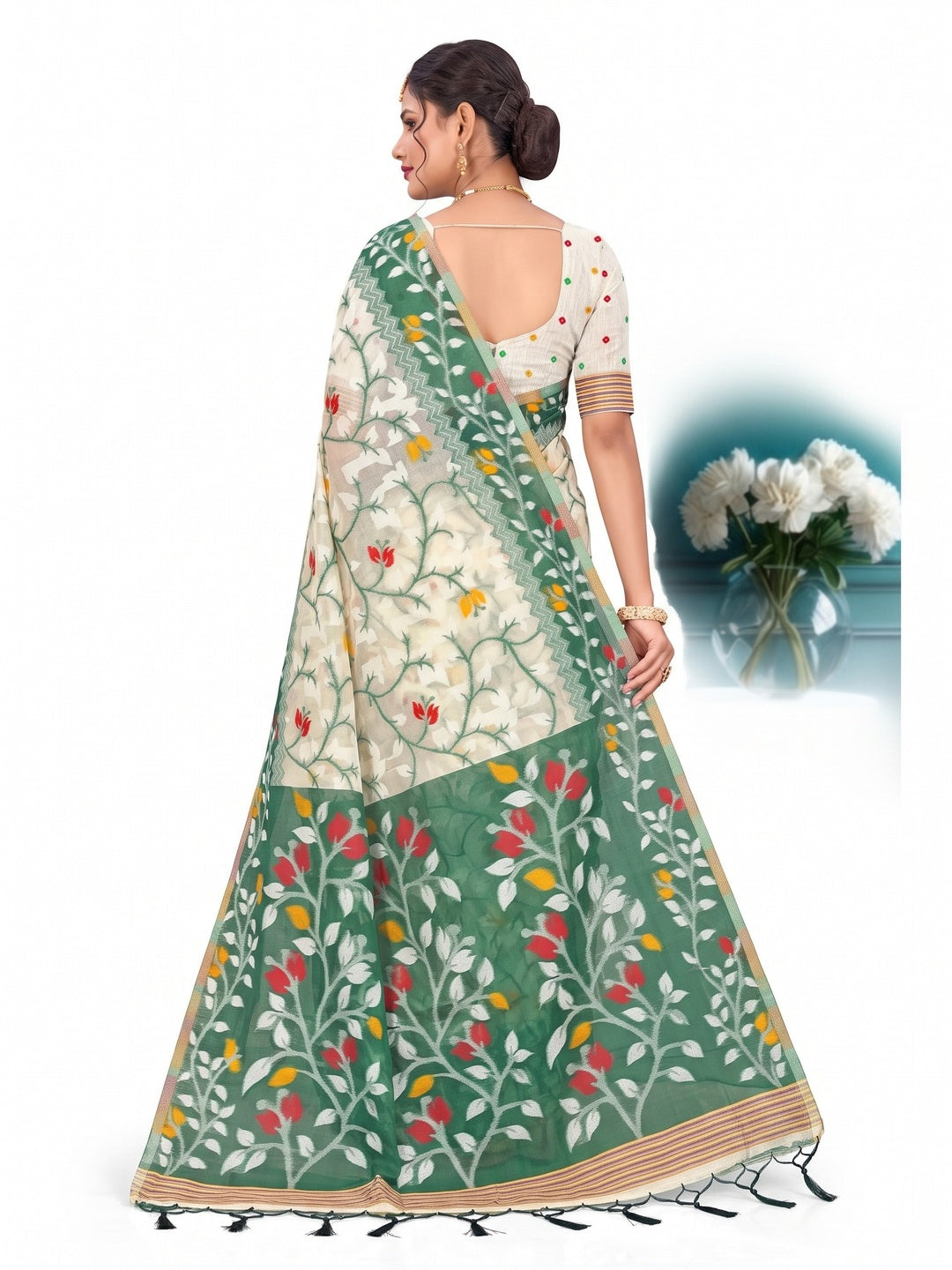 Peachmode Green Cotton Blend Kashish Saree - Image 5