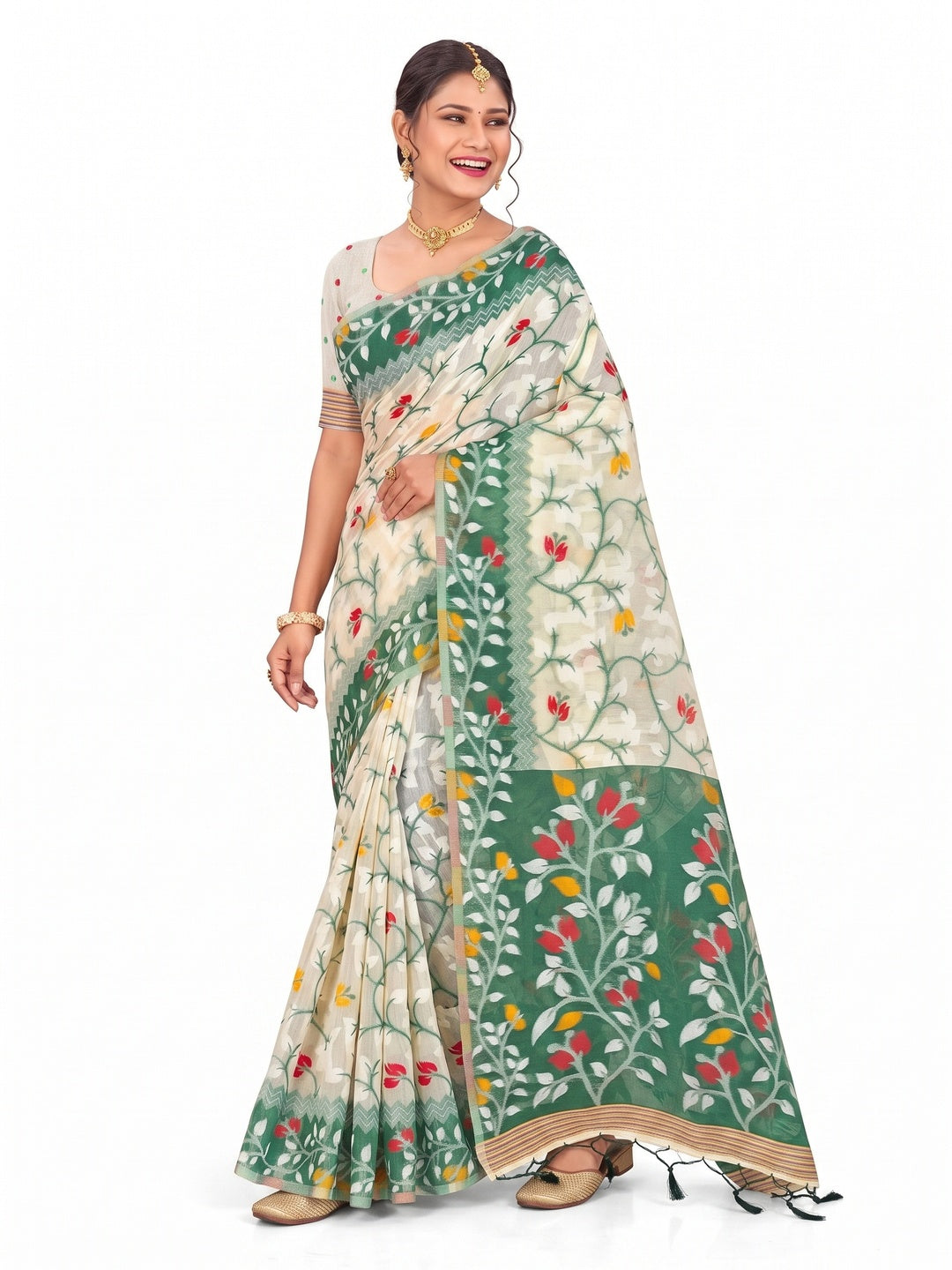 Peachmode Green Cotton Blend Kashish Saree - Image 7