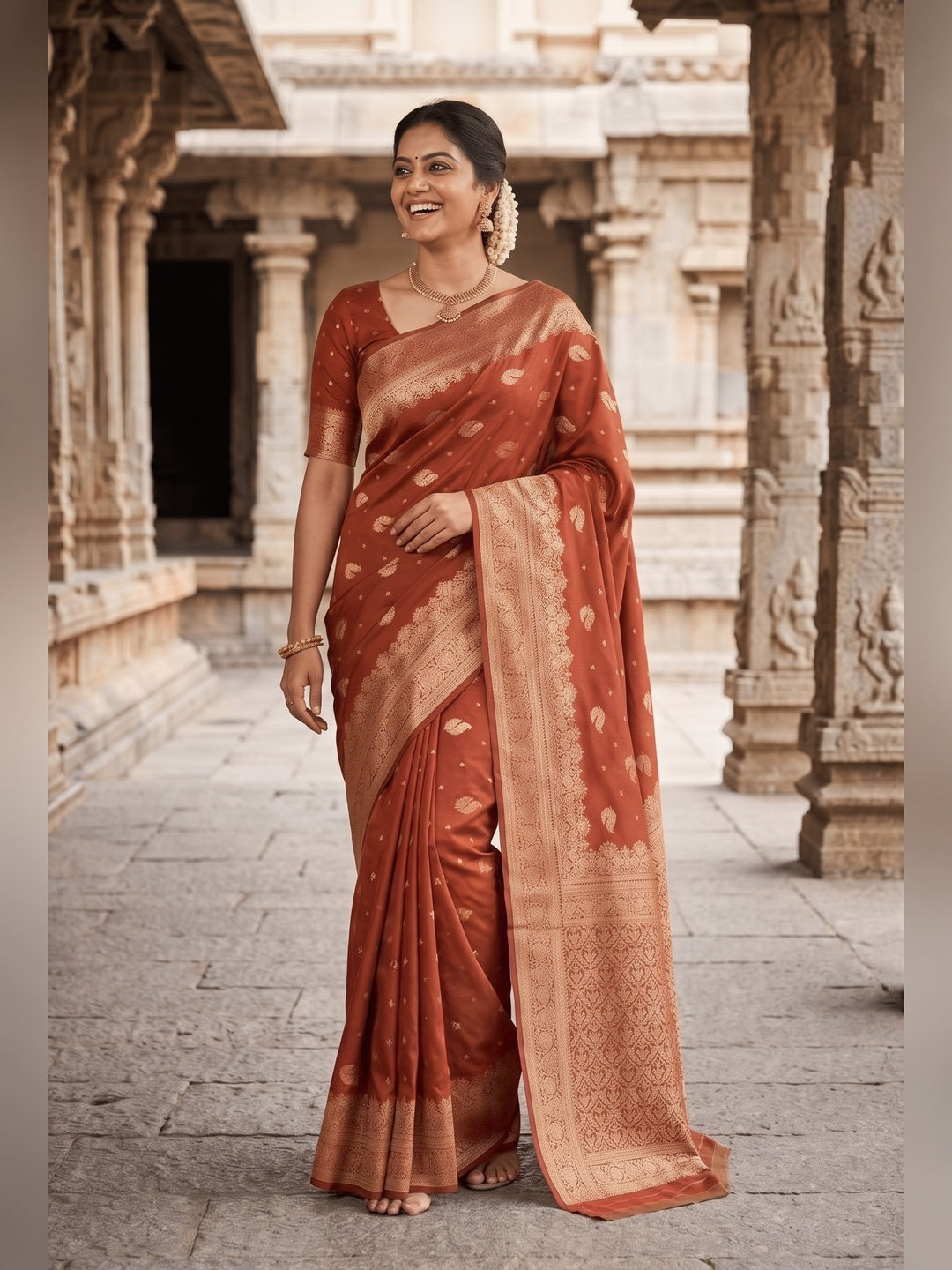 Peachmode Rust Banarasi Silk Zari Weaving Saree - Image 7