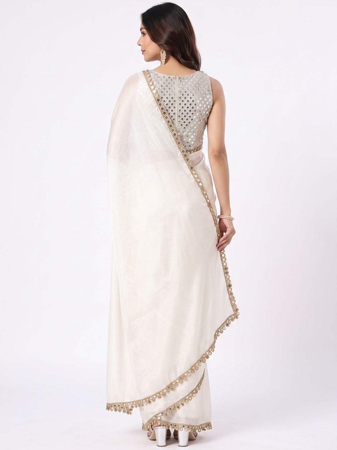Peachmode Off White Fandy Satin Saree with Mirror Work Blouse - Image 5