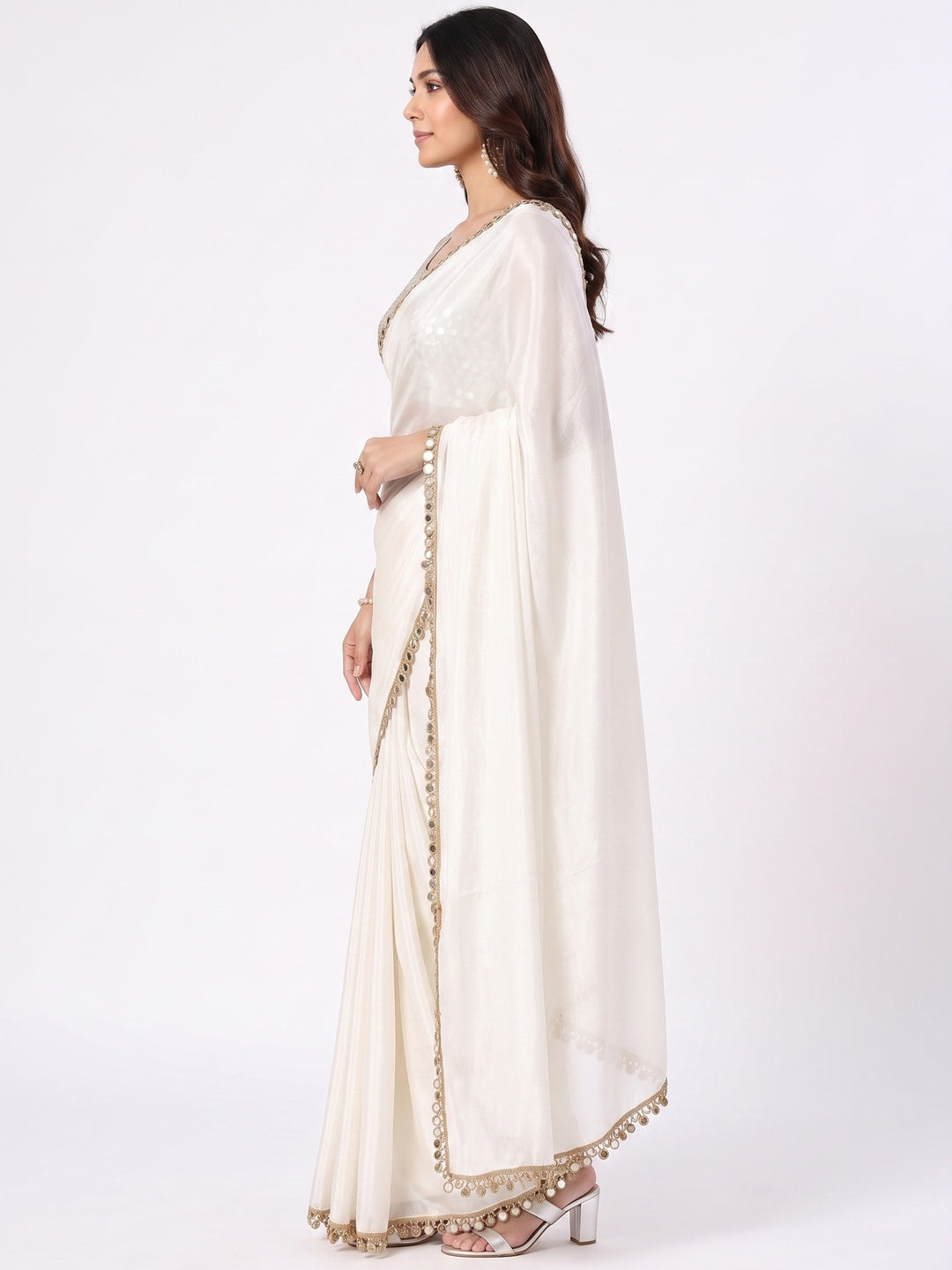 Peachmode Off White Fandy Satin Saree with Mirror Work Blouse - Image 6