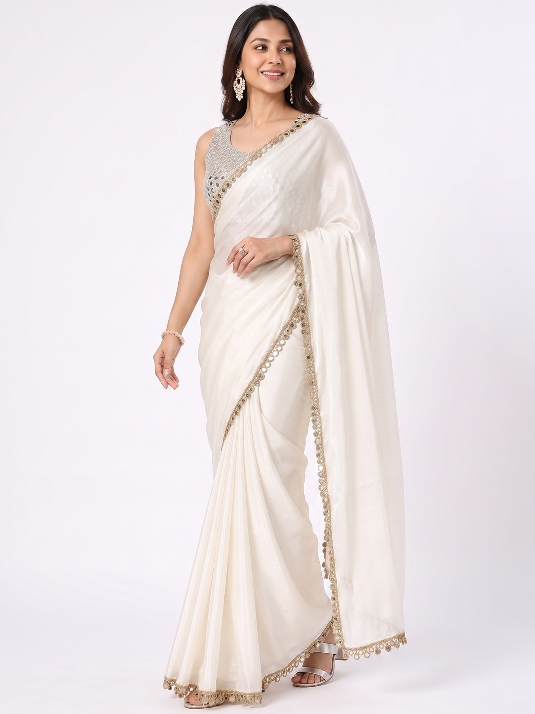 Peachmode Off White Fandy Satin Saree with Mirror Work Blouse - Image 7