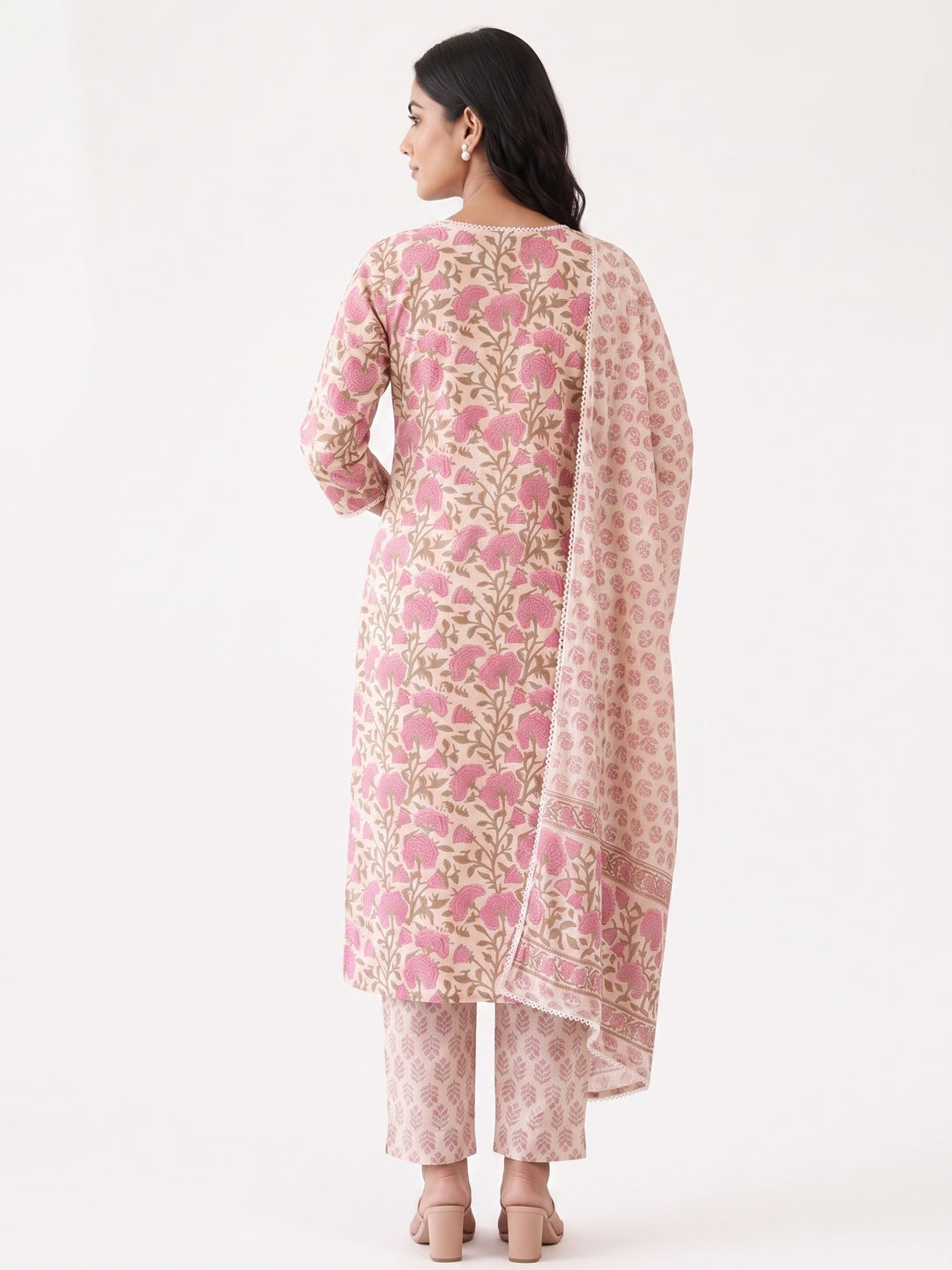 Cream Pure Cotton Floral Printed Salwar Suit Set - Image 5