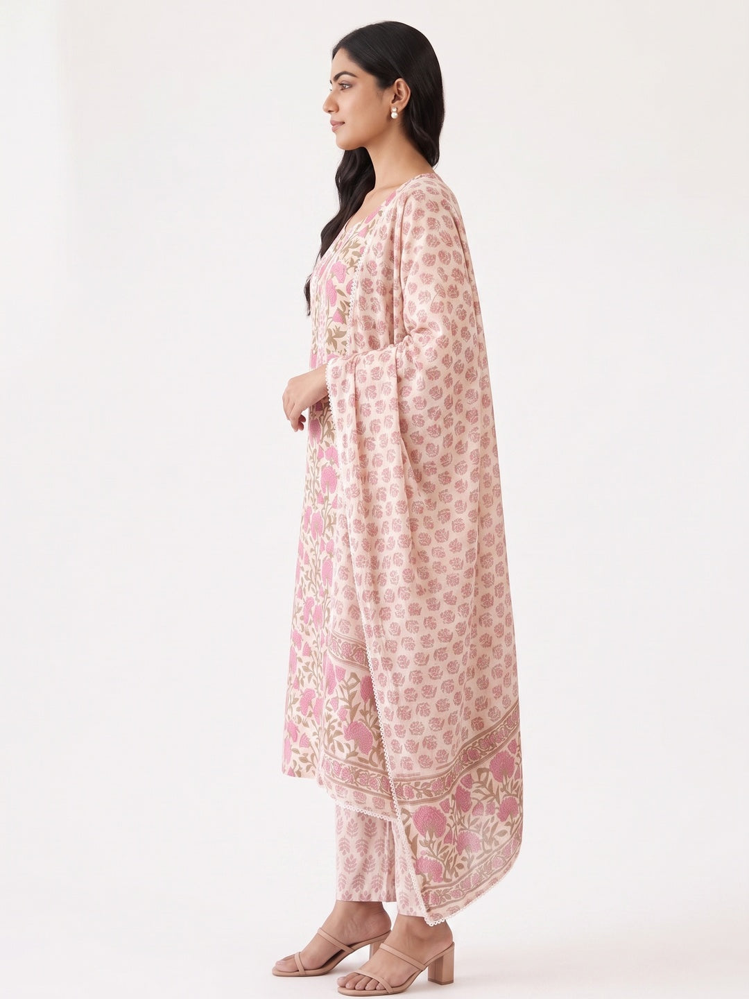 Cream Pure Cotton Floral Printed Salwar Suit Set - Image 6