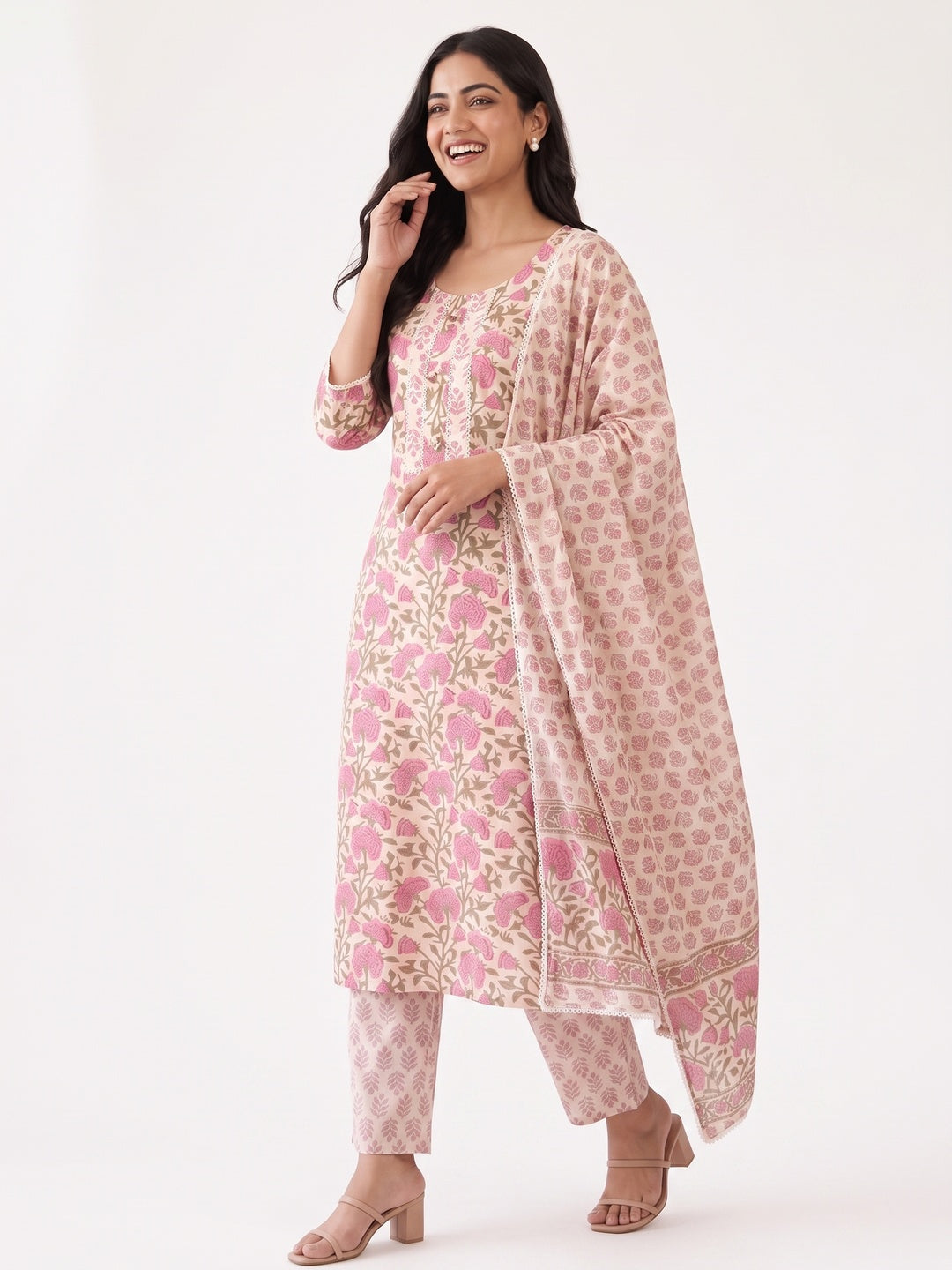 Cream Pure Cotton Floral Printed Salwar Suit Set - Image 7