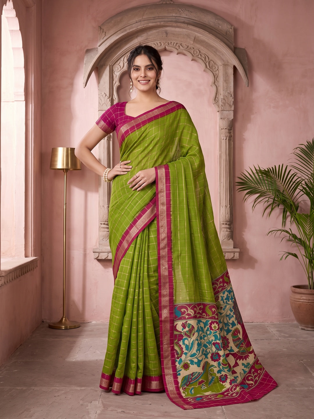 Parrot Green Zari Woven Cotton Silk Saree - Image 1