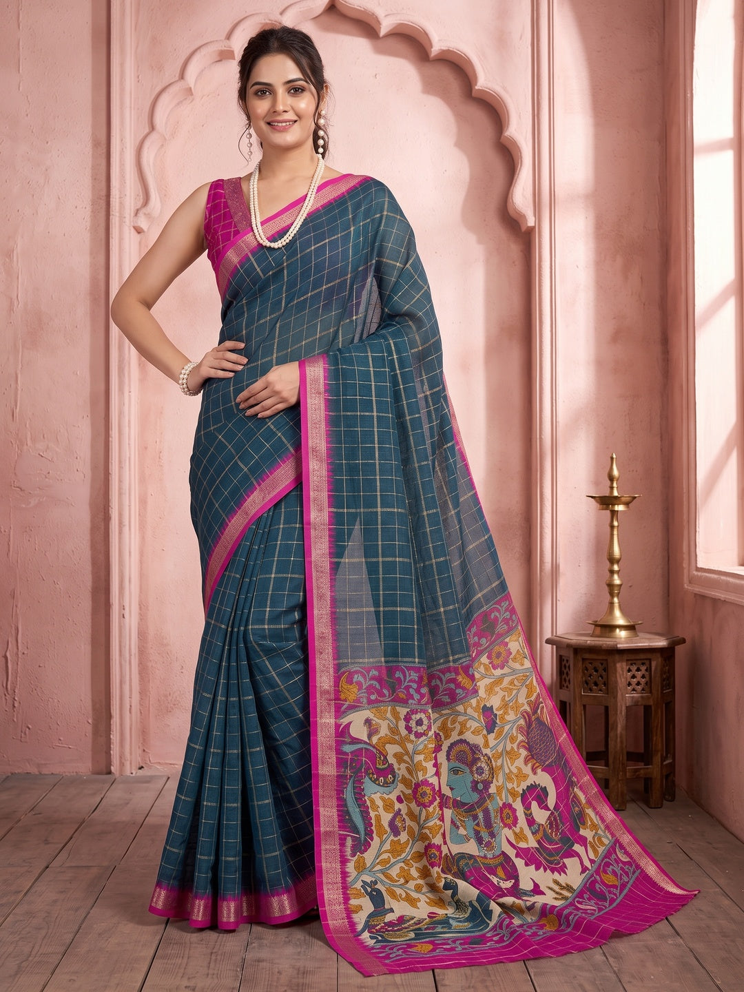 Teal Zari Woven Cotton Silk Saree - Image 1