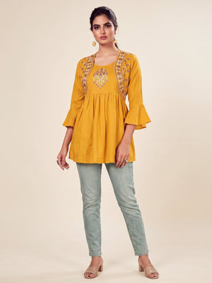 Yellow Casual Wear Floral Embroidered Rayon Top - Image 1
