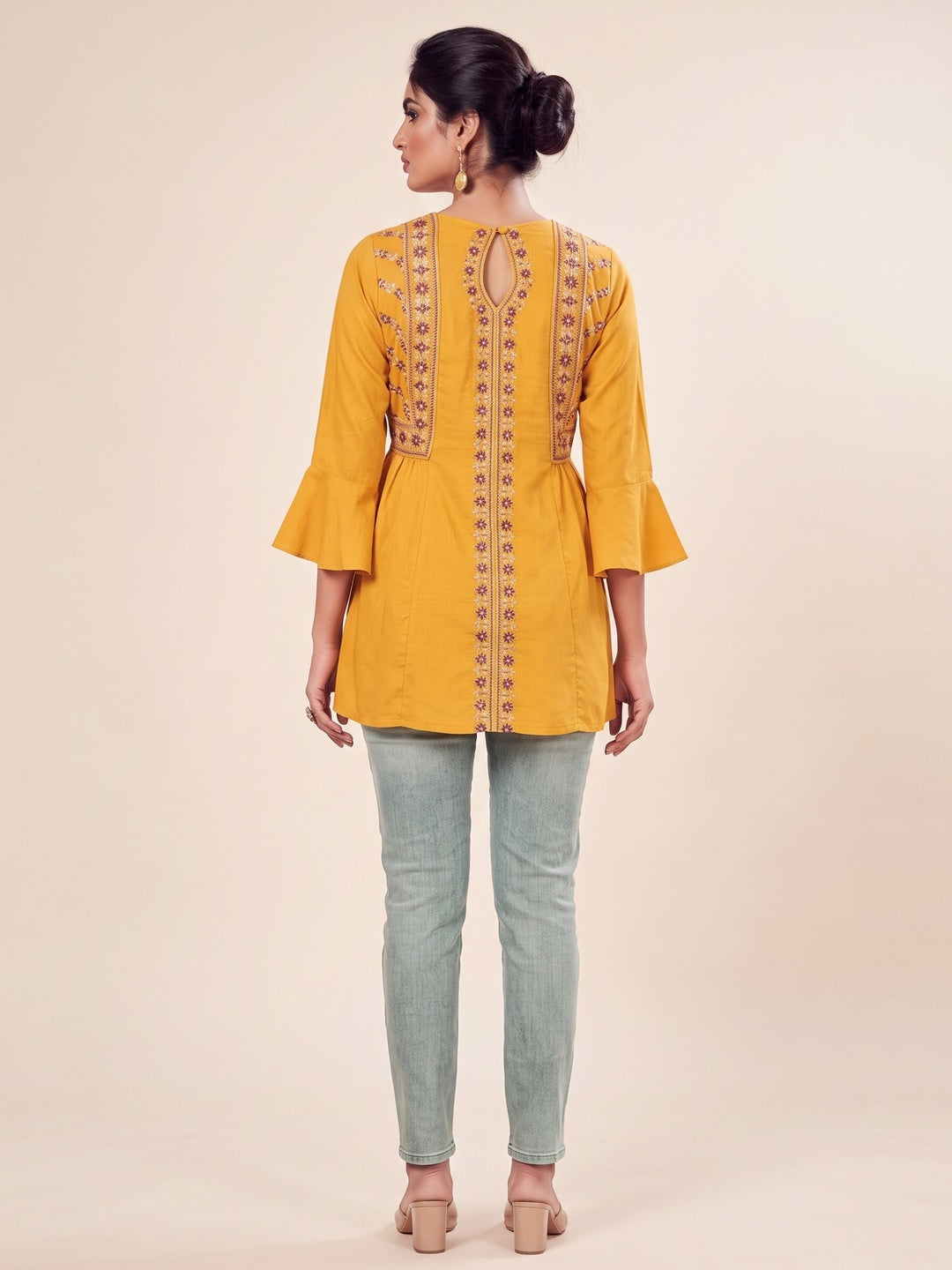 Yellow Casual Wear Floral Embroidered Rayon Top - Image 2