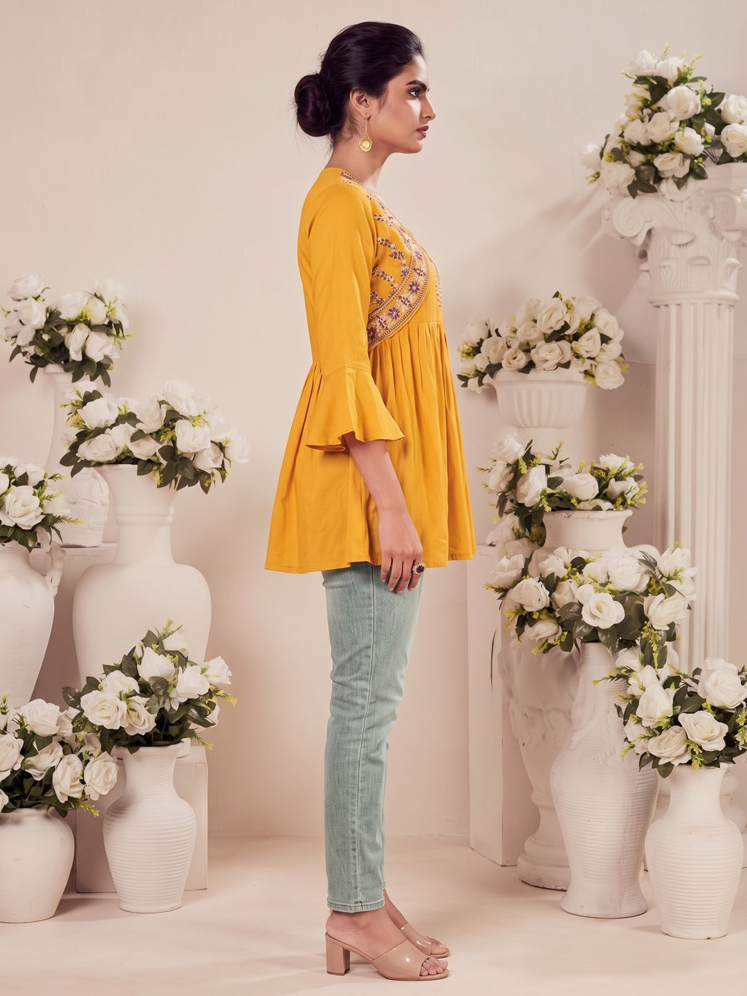 Yellow Casual Wear Floral Embroidered Rayon Top - Image 3