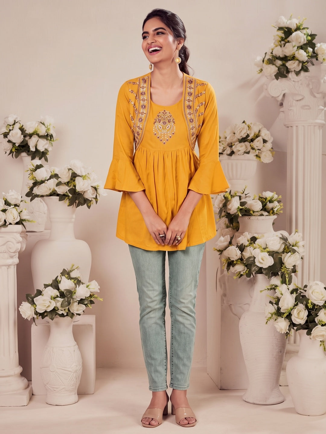 Yellow Casual Wear Floral Embroidered Rayon Top - Image 4