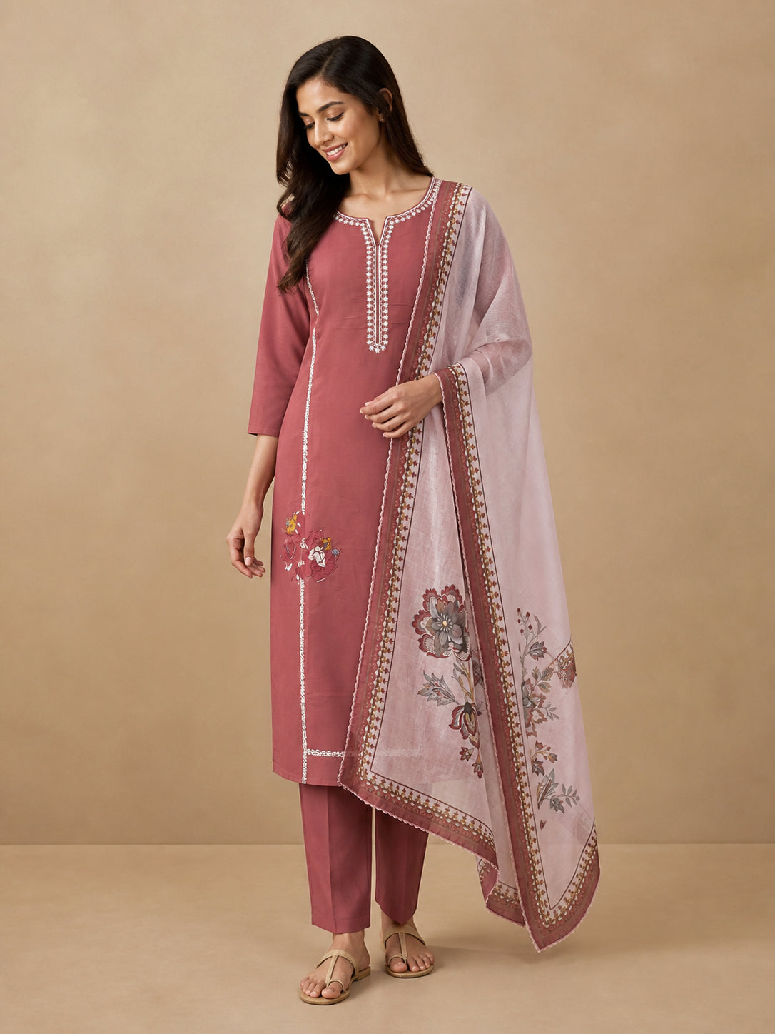 Peachmode Mauve Mul Chanderi Floral Embroidered Salwar Suit - Image 1