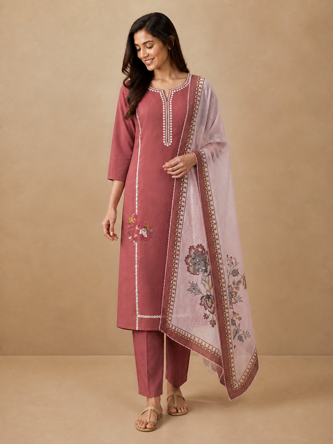 Peachmode Mauve Mul Chanderi Floral Embroidered Salwar Suit - Image 5