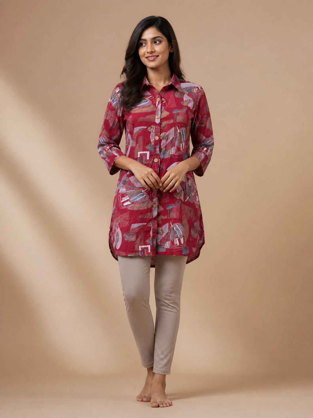 Peachmode Maroon Rayon Abstract Geometric Printed Shirt Top - Image 1