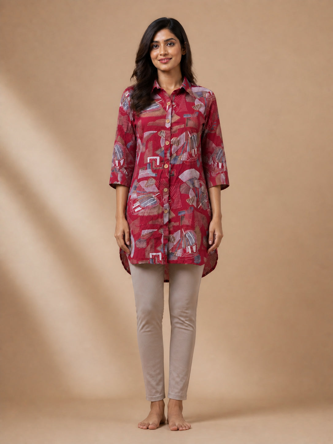 Peachmode Maroon Rayon Abstract Geometric Printed Shirt Top - Image 2
