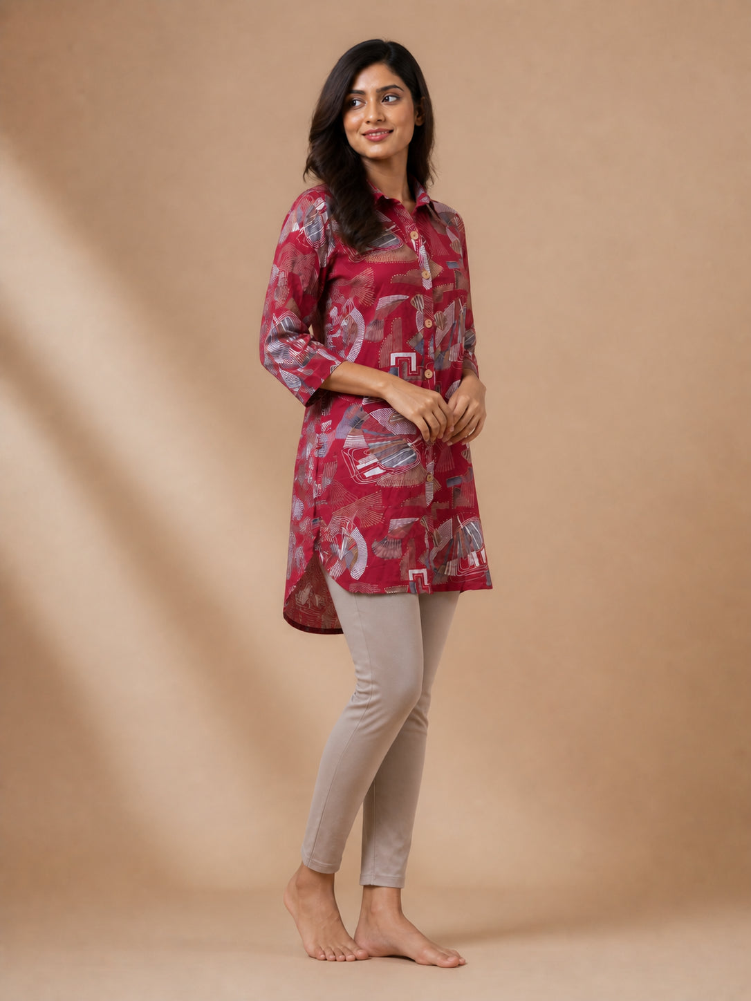 Peachmode Maroon Rayon Abstract Geometric Printed Shirt Top - Image 3
