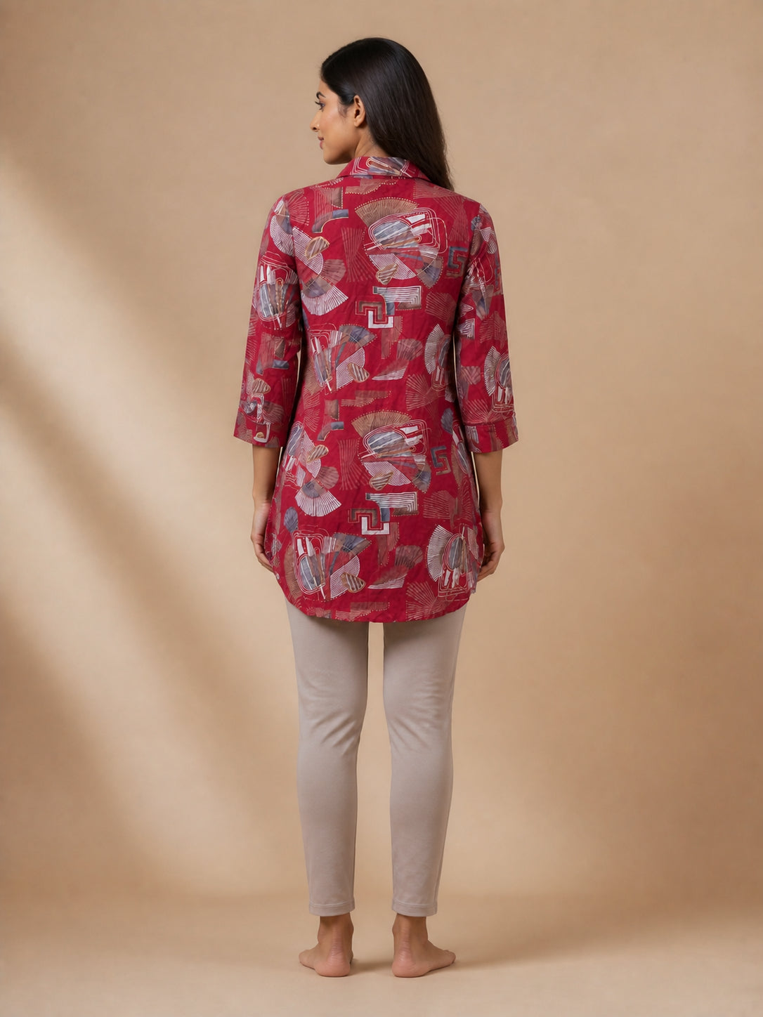 Peachmode Maroon Rayon Abstract Geometric Printed Shirt Top - Image 4