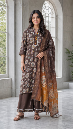 Peachmode Brown Viscose Blend Ethnic Motif Salwar Suit - Image 1