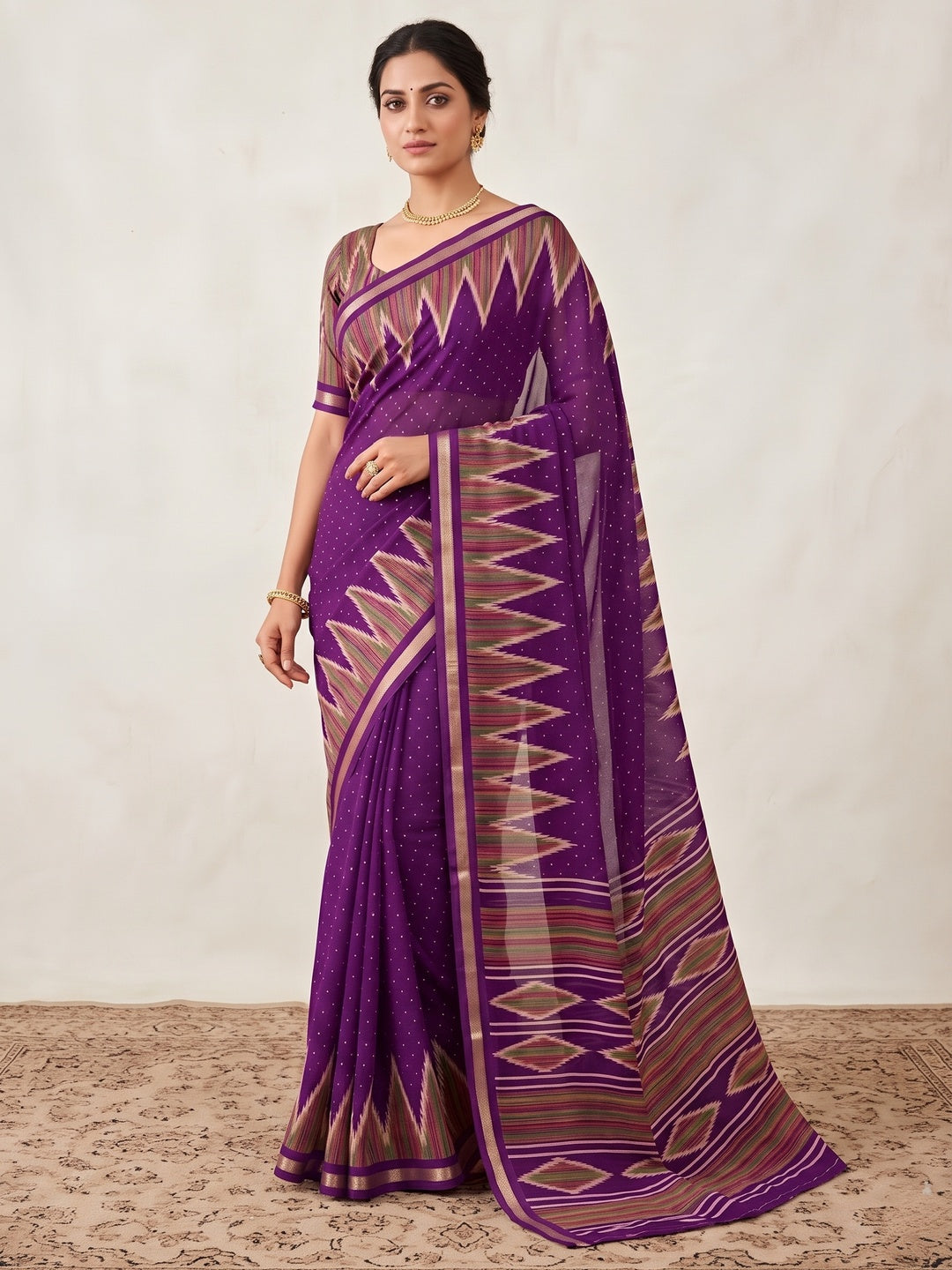 Classic Purple Ikkat Printed Mulmul Cotton Saree With Elegant Zari Weaving Border - Image 1