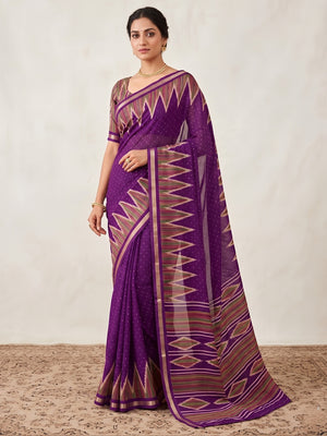 Classic Purple Ikkat Printed Mulmul Cotton Saree With Elegant Zari Weaving Border - Image 1