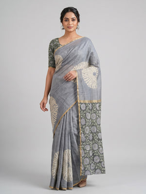 Grey Linen Saree with White Abstract Design Lightweight Comfortable Outfit - Image 2