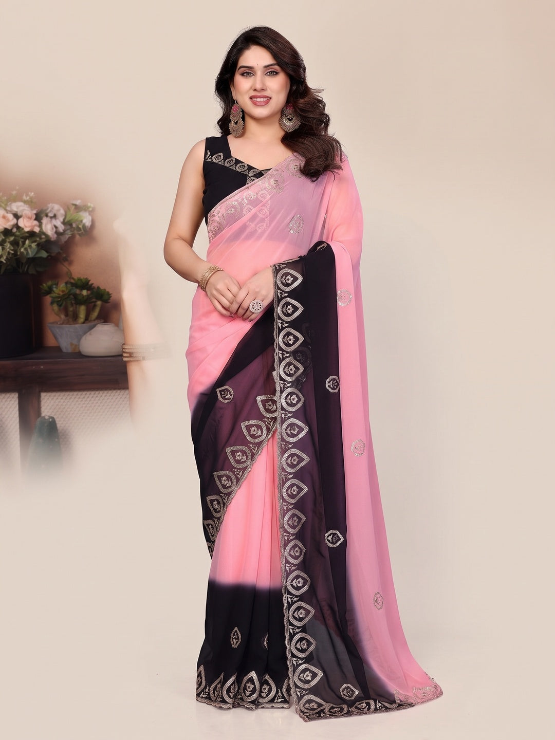 Soft Pink & Black Georgette Party Wear Saree with Designer Embroidered Border - Image 1