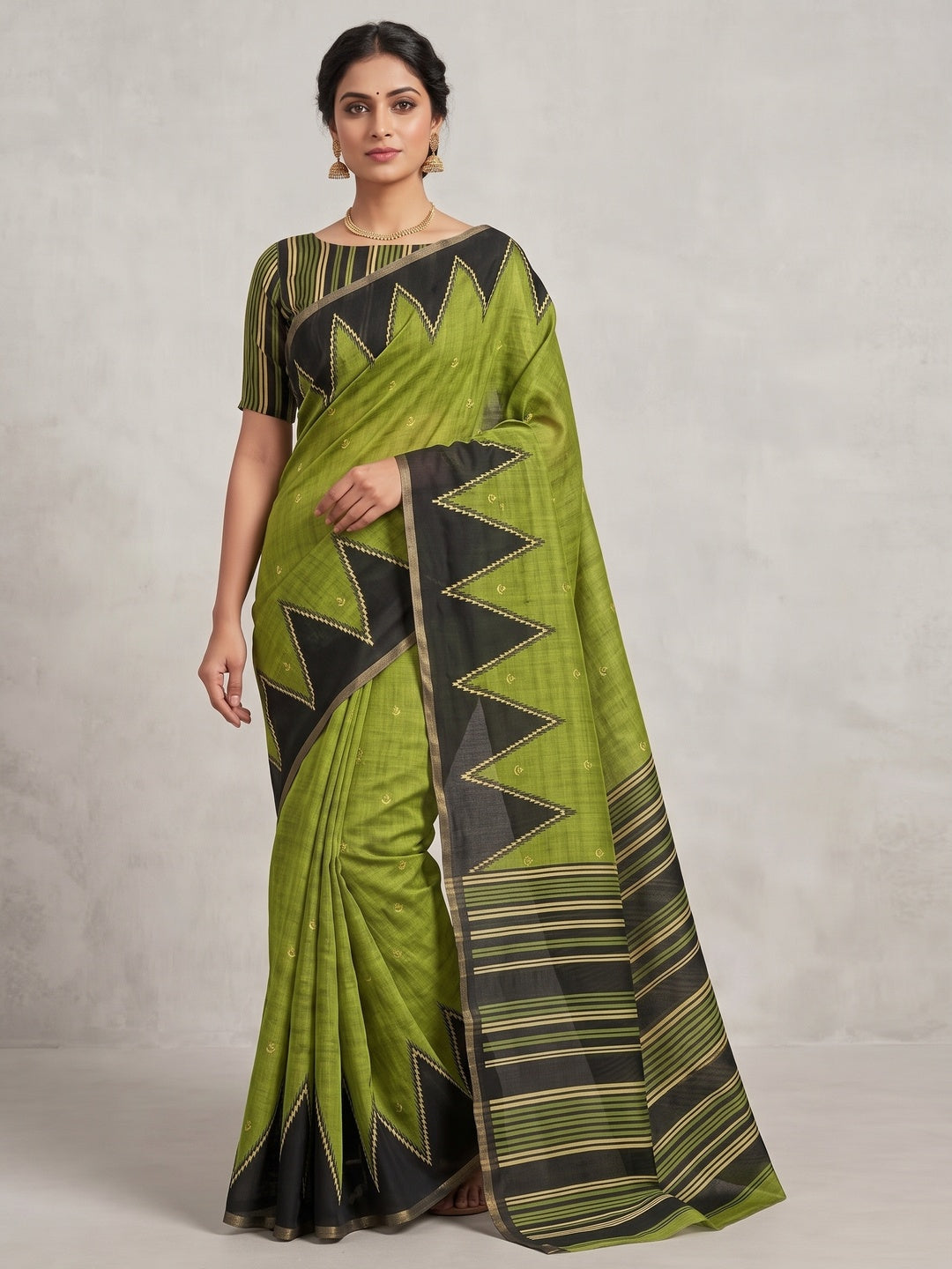 Luxury Green Zig Zag & Striped Printed Chanderi Silk Saree With Weaving Border - Image 1